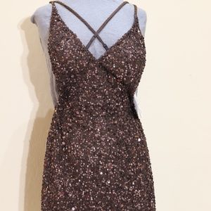 SCALA sequin v-neck spaghetti strap short dress in chocolate size 4